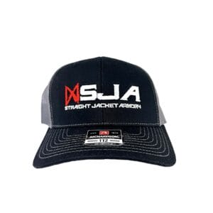SJA charcoal black embroidered trucker hat front view