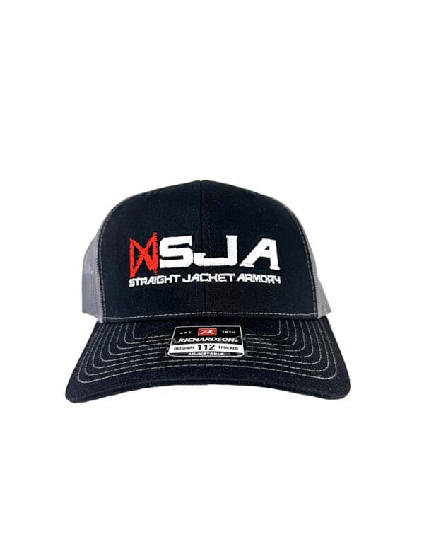 SJA charcoal black embroidered trucker hat front view