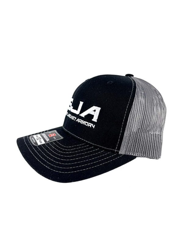 SJA charcoal black embroidered trucker hat side view