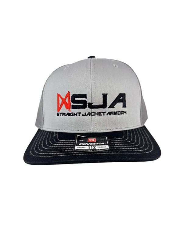 SJA grey embroidered trucker hat front view