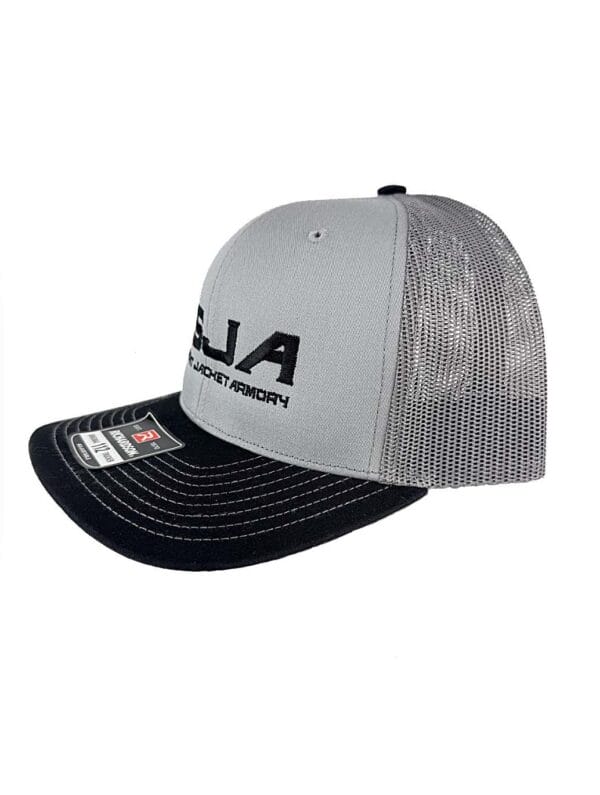 SJA grey embroidered trucker hat side view