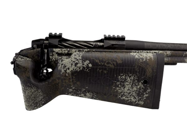 Gnome Rifle by Straight Jacket Armory, including Manners folding stock, Falkor LW7 action, and carbon fiber barrel. Right side folded view close up