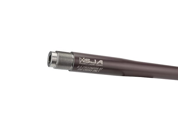 Pre-fit shouldered Sig Cross barrel 6.5 Creedmoor 8 Twist With custom Cerakote purple close up on tennon view