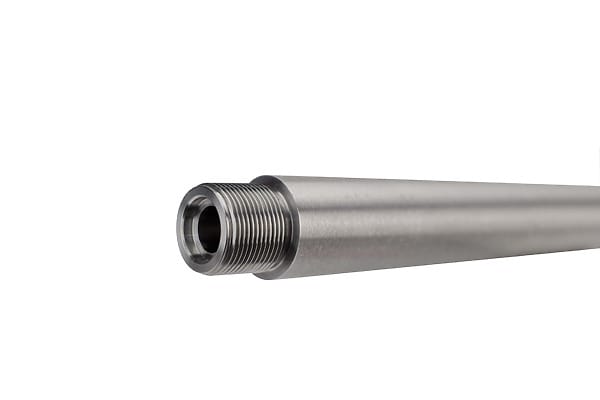 In Stock pre-fit Barrel for sale for Lone Peak Arms or Impact Precision bolt action. 26 inches long 7 PRC AW2 with 5/8x24 muzzle threading close up on threading