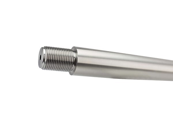 Bartlein pre-fit Stainless Steel barrel for Accuracy International small tennon action .264 8 Twist close up on tennon view done by Straight Jacket Armory