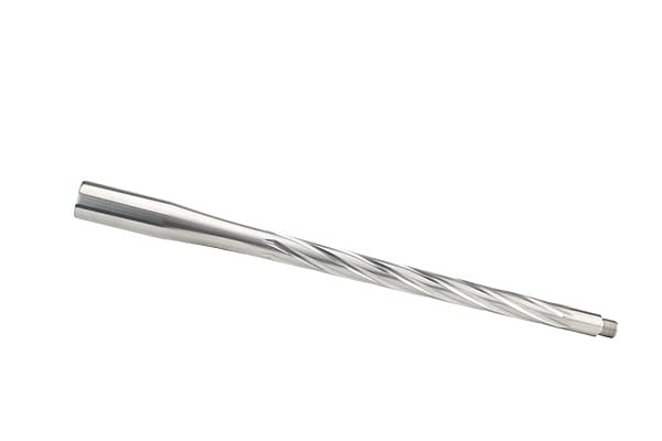 Stainless Steel barrel blank with slow spiral fluting. 3B contour with .224 and 8 Twist full view