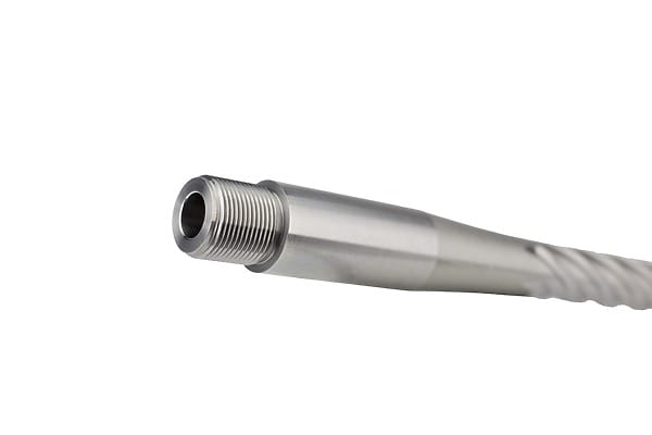 Prefit Tikka 7PRC AW2 Stainless Steel Barrel with Fast spiral fluting by Straight Jacket Armory close up on tenon view
